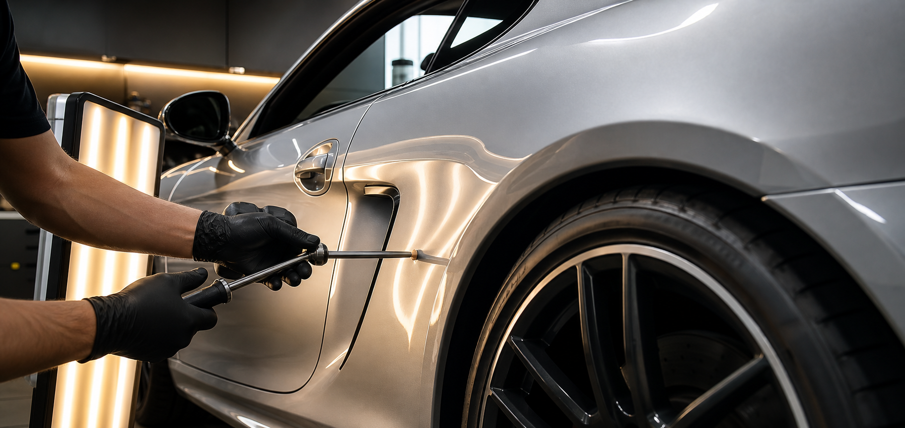 Paintless dent repair being performed on a silver performance car